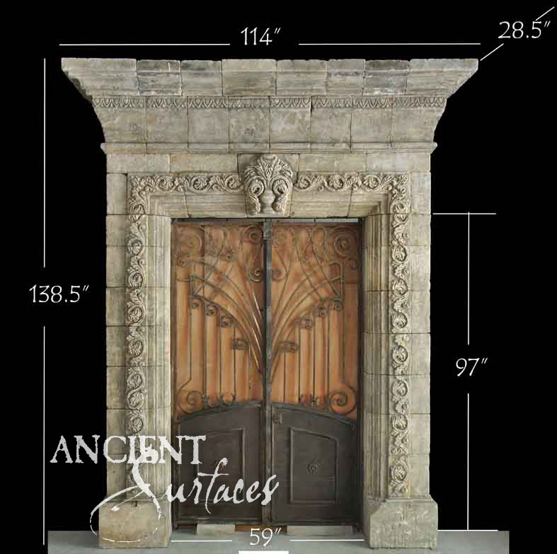 Reclaimed antique limestone entryway from Ancient Surfaces with an egg and dart carved frieze and an art nouveau style wrought iron gate, photographed with dealer measurements marked